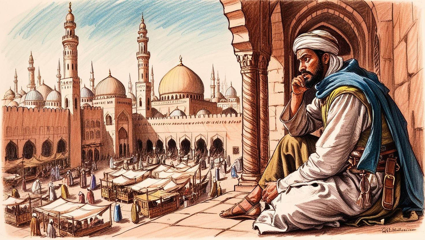 A Muslim traveler contemplating the scene in muslim cities during the 10-12 century.jpg