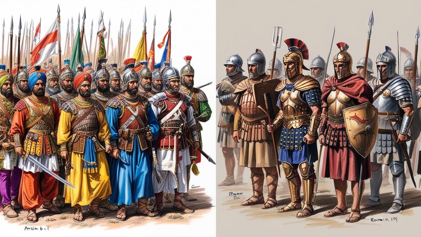 A detailed and expressive color pencil sketch depicting separate scenes of Persian and Roman armies in the 6th century. The left side shows a meticulously rendered Persian army, featuring diverse soldiers in vibrant, richly colored uniforms.jpg
