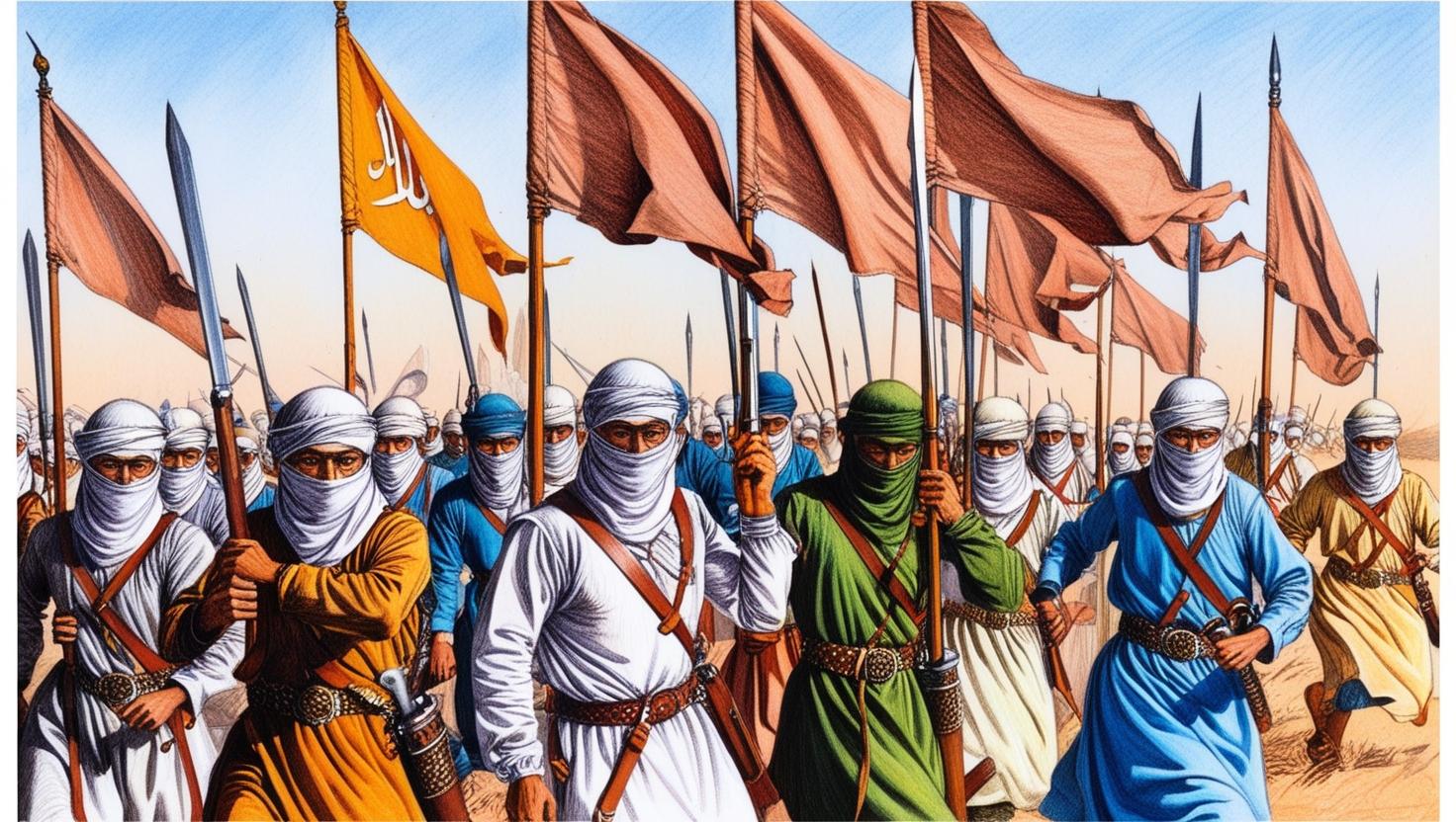 A detailed and expressive color pencil sketch of Muslim warriors from the Rashidun Caliphate period, depicted in dynamic poses, showcasing their attire and weaponry with meticulous shading and rough color sketching. The style should evoke a.jpg