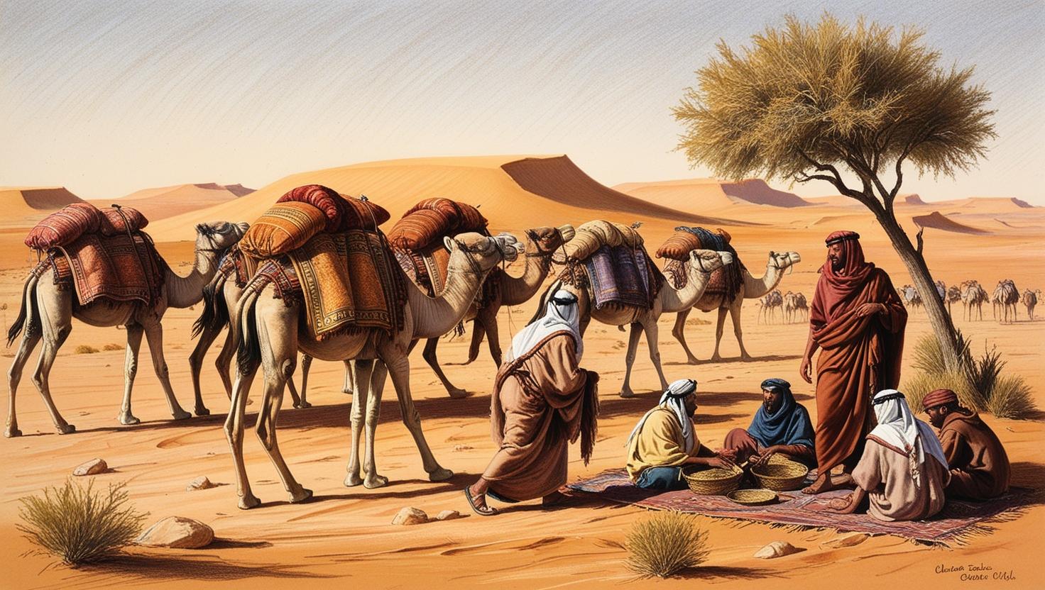 A detailed and expressive color pencil sketch of a Bedouin caravan traversing a vast, ochre-toned desert landscape under a midday sun.  Camels, laden with richly colored textiles and woven baskets, are depicted with meticulous detail, their.jpg