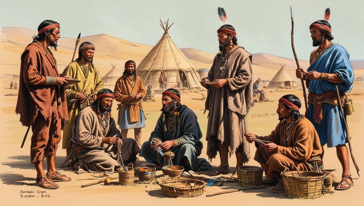A detailed and expressive color pencil sketch of nomadic people of the Great Eurasian Steppe in the 5th century, depicting their clothing, dwellings, and tools.  The style will be a rough color sketch with strong shading, emphasizing textur.jpg