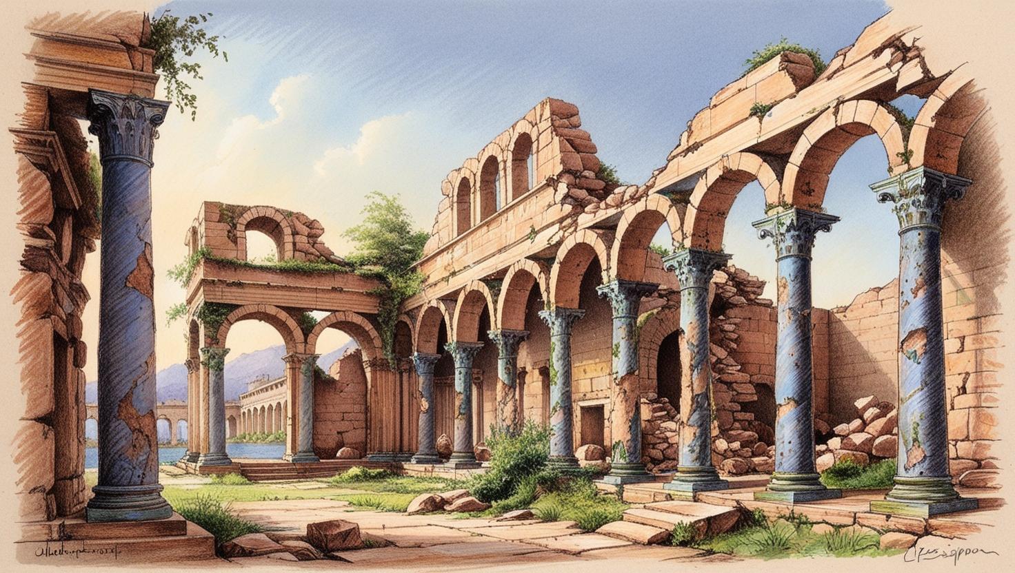 A detailed and expressive color pencil sketch of the ruins of the great imperial palace of the Persian emperor in the capital city of Ctesiphon, showcasing crumbling arches, weathered columns, and overgrown vegetation. The sketch should uti.jpg