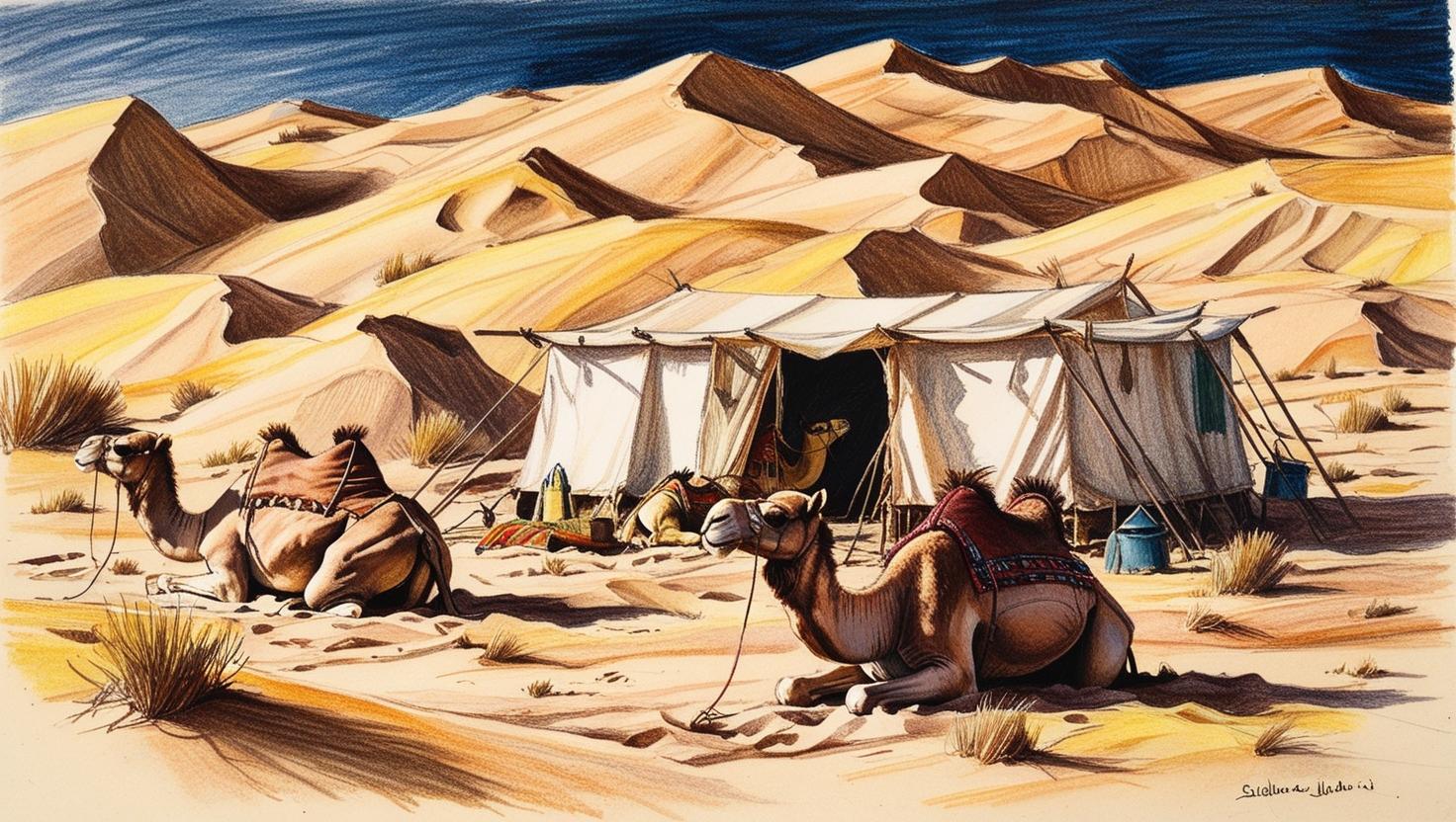 An Arab Bedouin camp with camels in the desert during the 6th century (no text and no word of 6th century).jpg