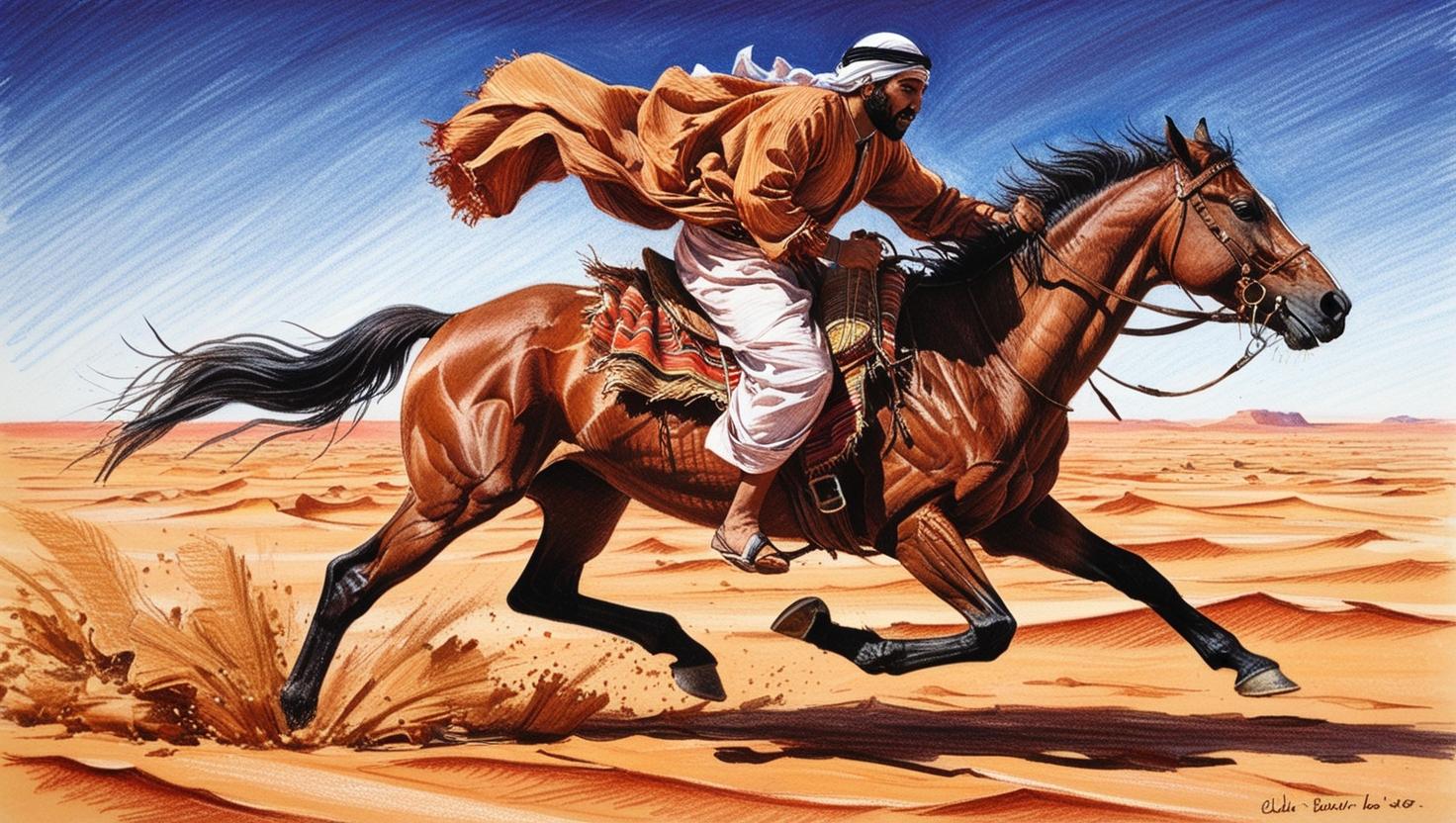 An Arab Bedouin horse rider running in the desert during the 6th century (no text and no word of 6th century).jpg