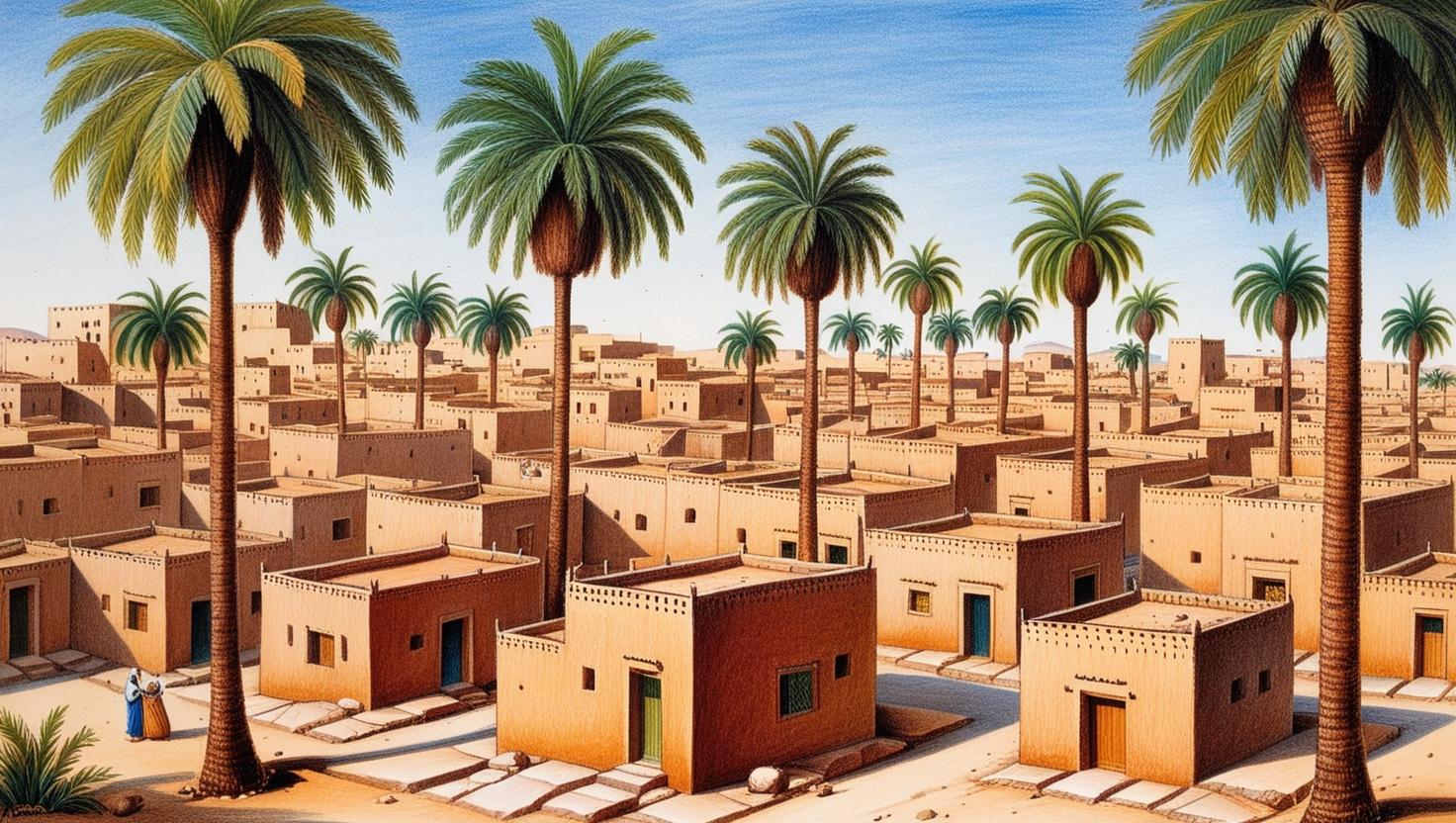Create a visually appealing illustration depicting Medina during the 6th century (no text and word of Medina and 6th century), featuring numerous date palm trees casting long shadows across a landscape of small, sun-baked mud-brick houses.jpg
