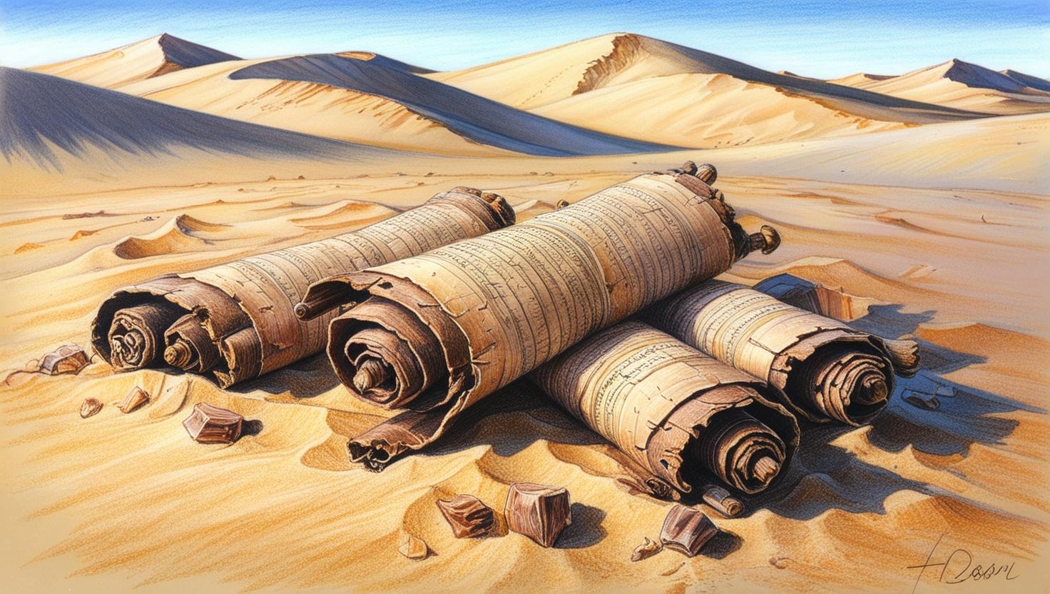 Show ancient scrolls with a background of the desert of arabia and do not include any text in the image.jpg