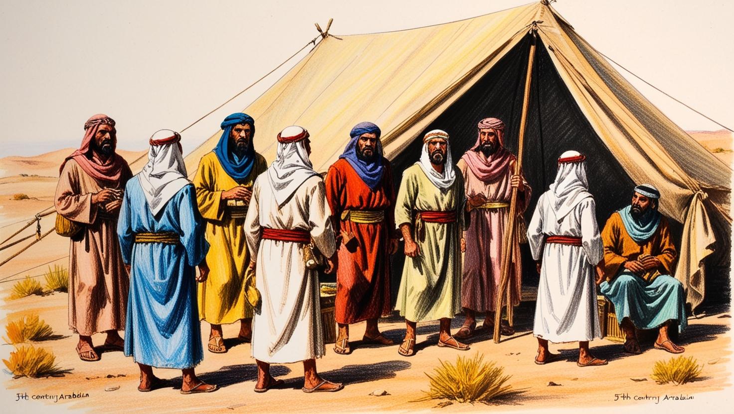 Show arabs of 5th century in the background of a tent and desert and do not include any text in the image.jpg