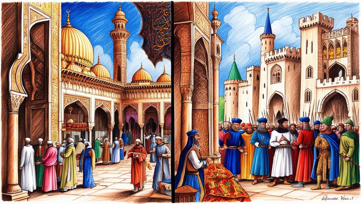 create a representation of 2 trends_ on one side the islamic period of age of Islamic sultanates, emirates and khanates and on the other side the middle period of europe with normans.jpg
