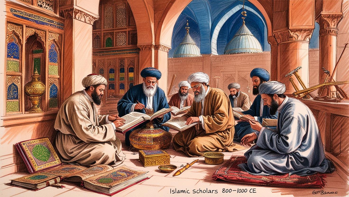 create a representation of islamic scholars during the period 800-1000 doing research in the house of wisdom.jpg