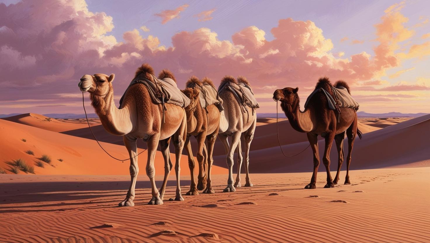 create an painting style image of camels walking with the desert and sunset in the background.jpg